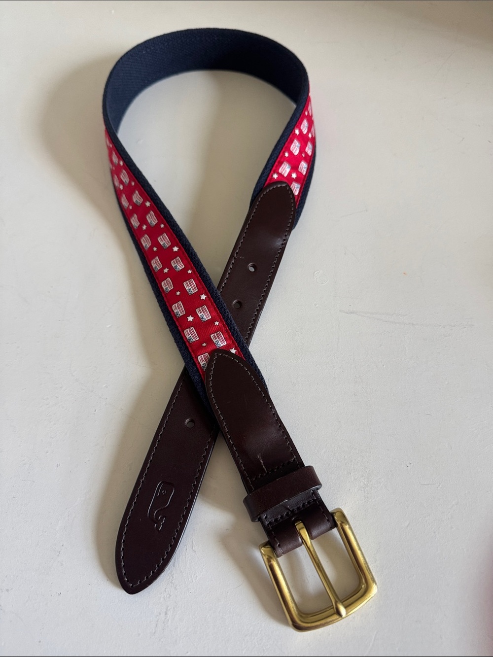Men's Vineyard Vines Red American Flag Patte Fabric Belt with Brown Leather Trim